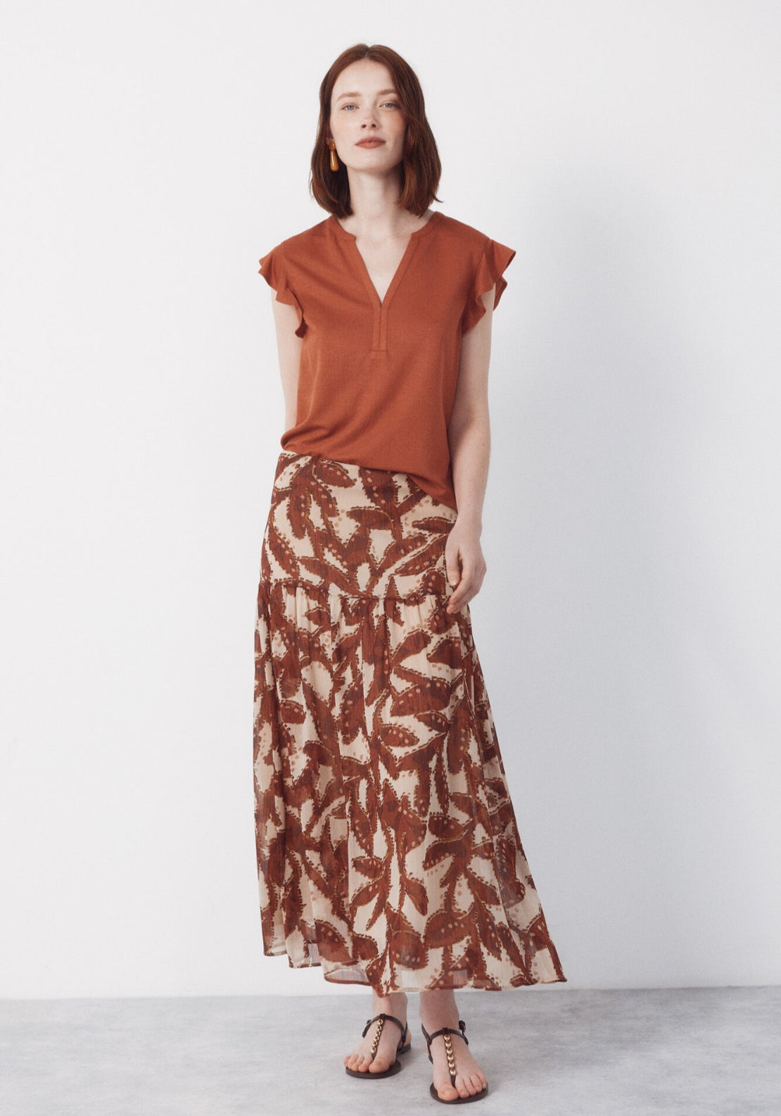 Cortefiel Flounced Sleeve T Shirt - Brown 5 Shaws Department Stores