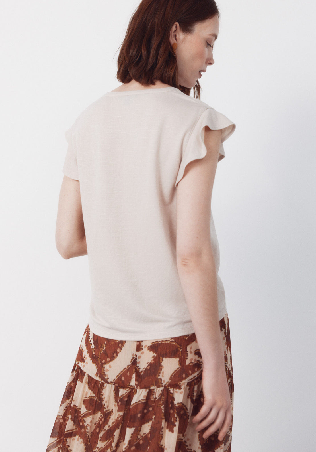 Cortefiel Flounced Sleeve T Shirt - Beige 2 Shaws Department Stores