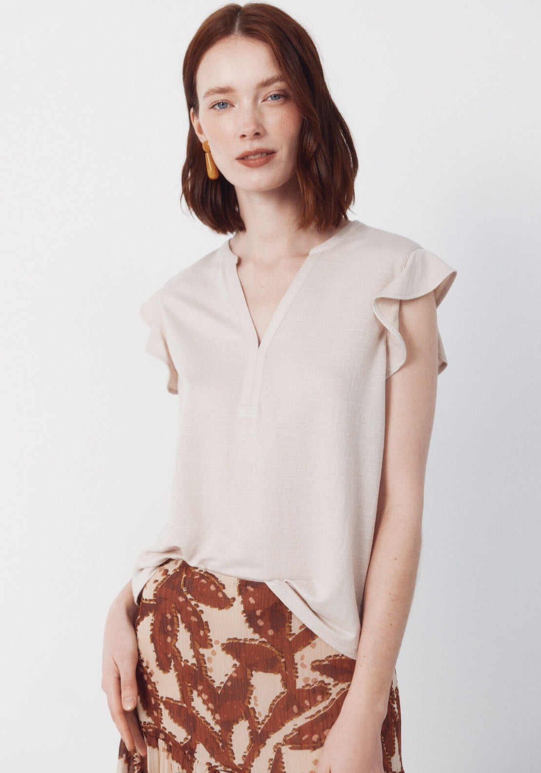 Cortefiel Flounced Sleeve T Shirt - Beige 1 Shaws Department Stores
