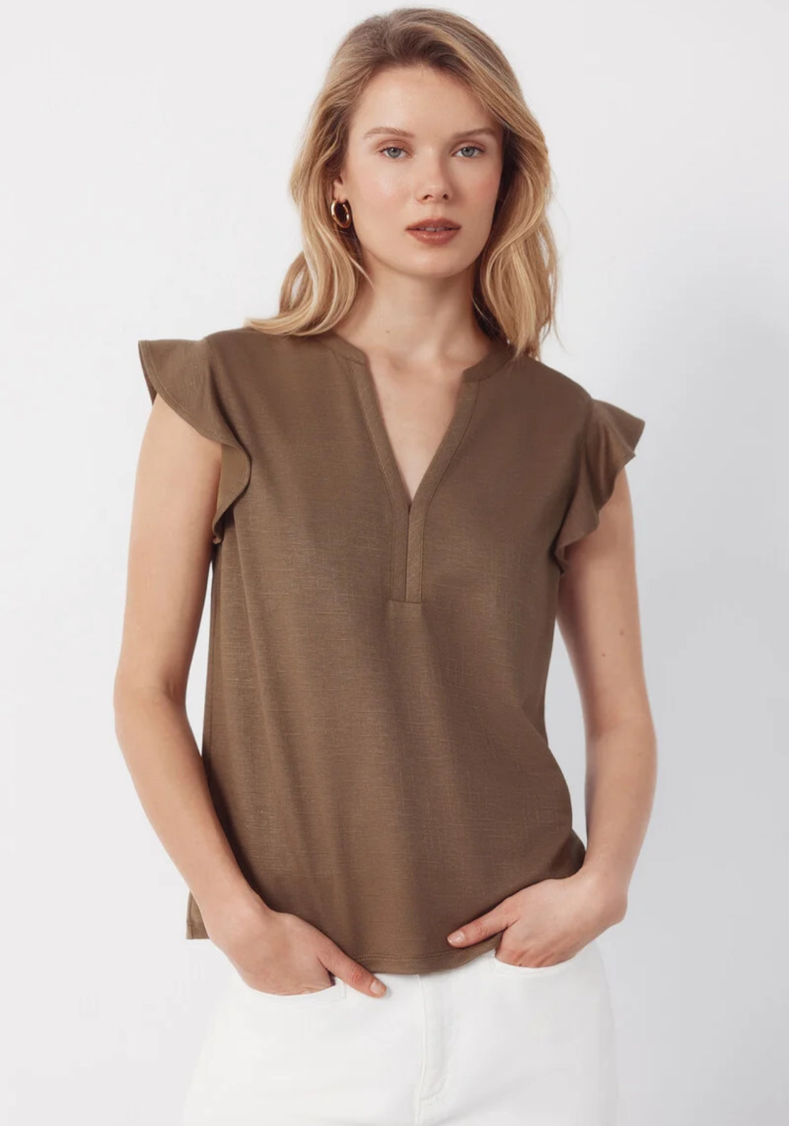 Cortefiel Flounced Sleeve T Shirt - Beige 1 Shaws Department Stores