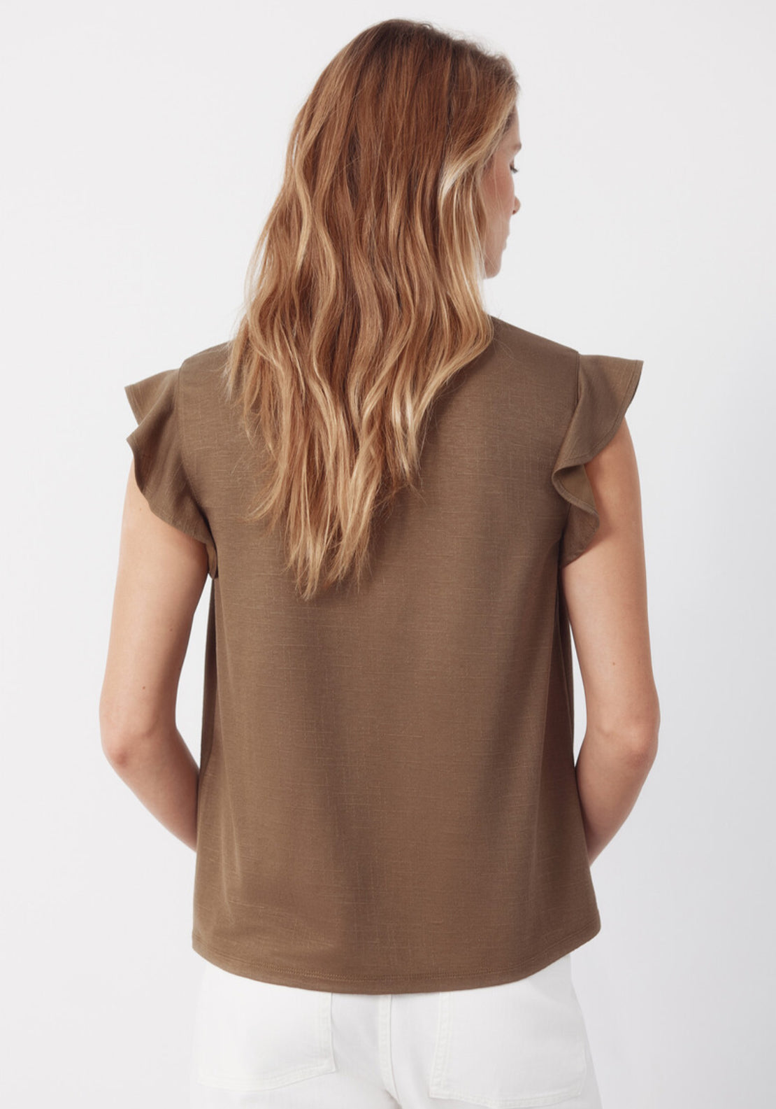 Cortefiel Flounced Sleeve T Shirt - Beige 2 Shaws Department Stores