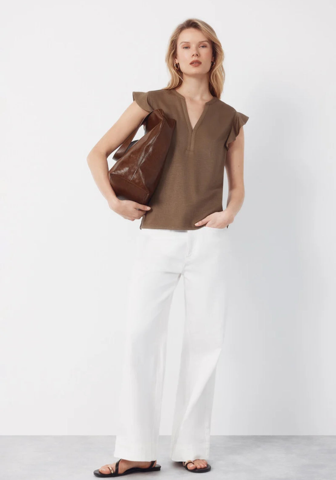 Cortefiel Flounced Sleeve T Shirt - Beige 4 Shaws Department Stores
