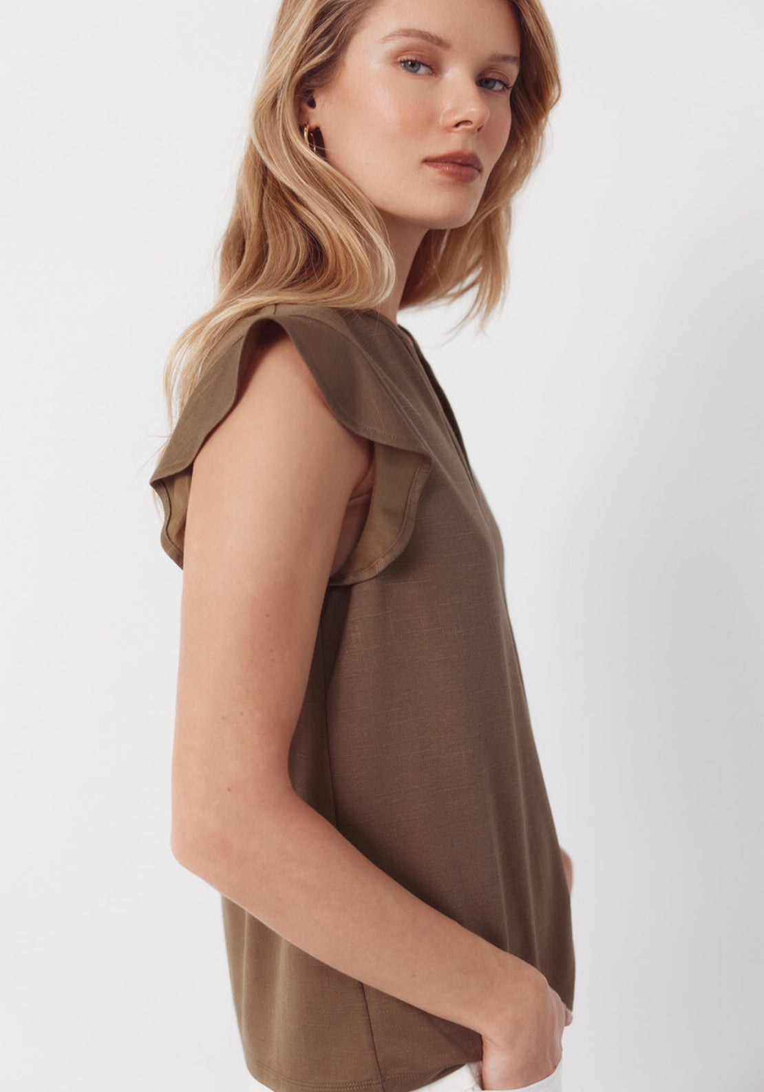 Cortefiel Flounced Sleeve T Shirt - Beige 3 Shaws Department Stores