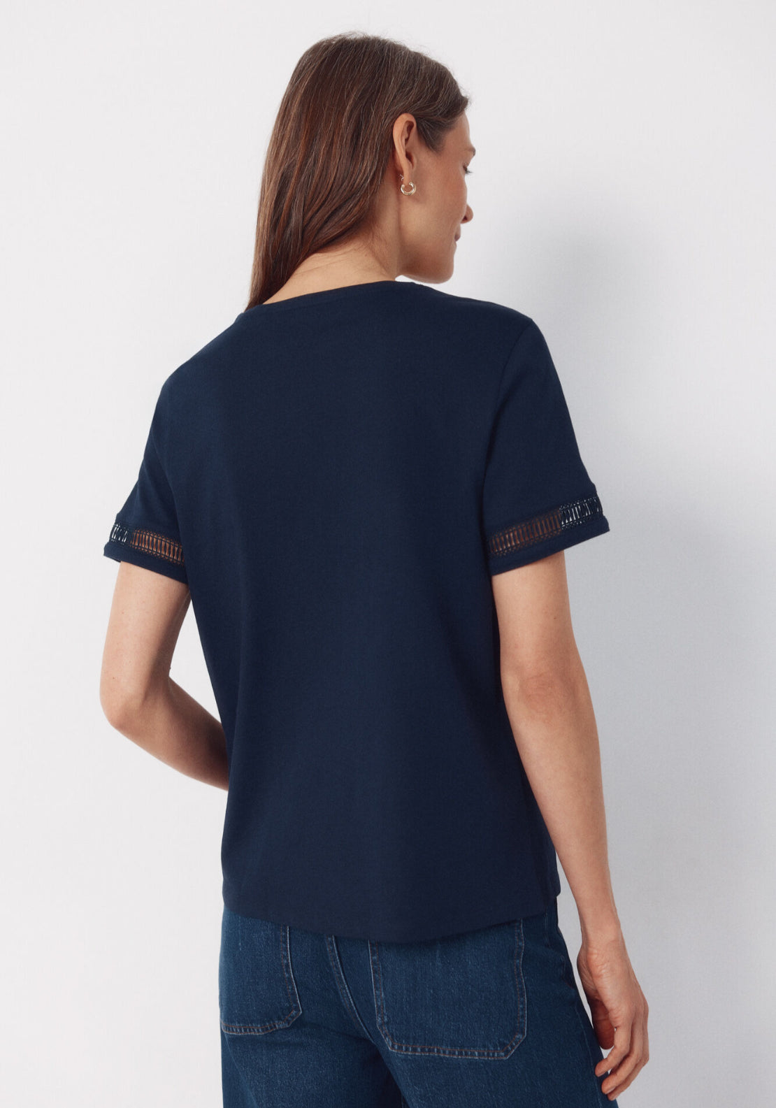 Hemstitch Detail Cotton T-Shirt - Navy