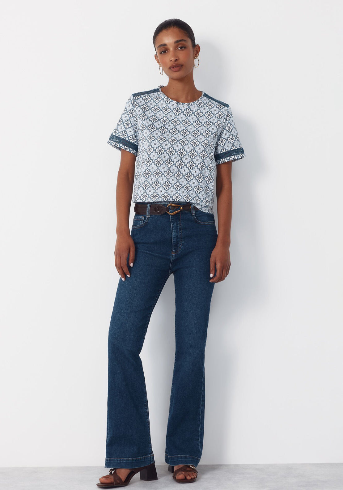 Cortefiel Hemstitch Detail Cotton T-Shirt - Blue 4 Shaws Department Stores