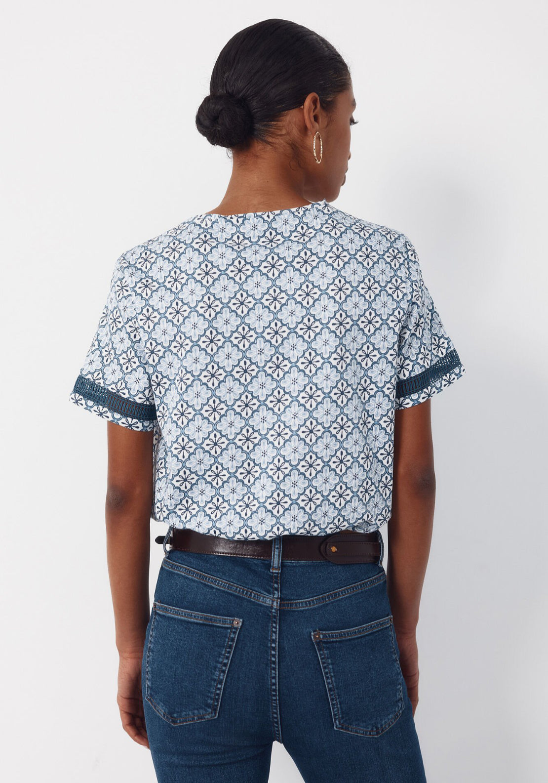 Cortefiel Hemstitch Detail Cotton T-Shirt - Blue 2 Shaws Department Stores