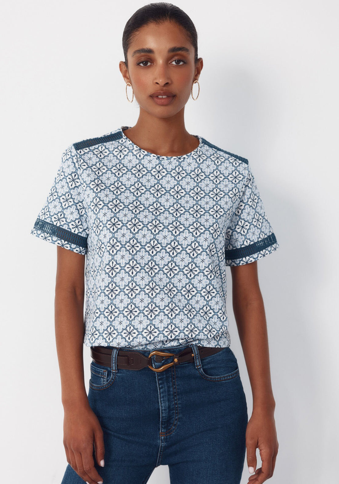 Cortefiel Hemstitch Detail Cotton T-Shirt - Blue 1 Shaws Department Stores
