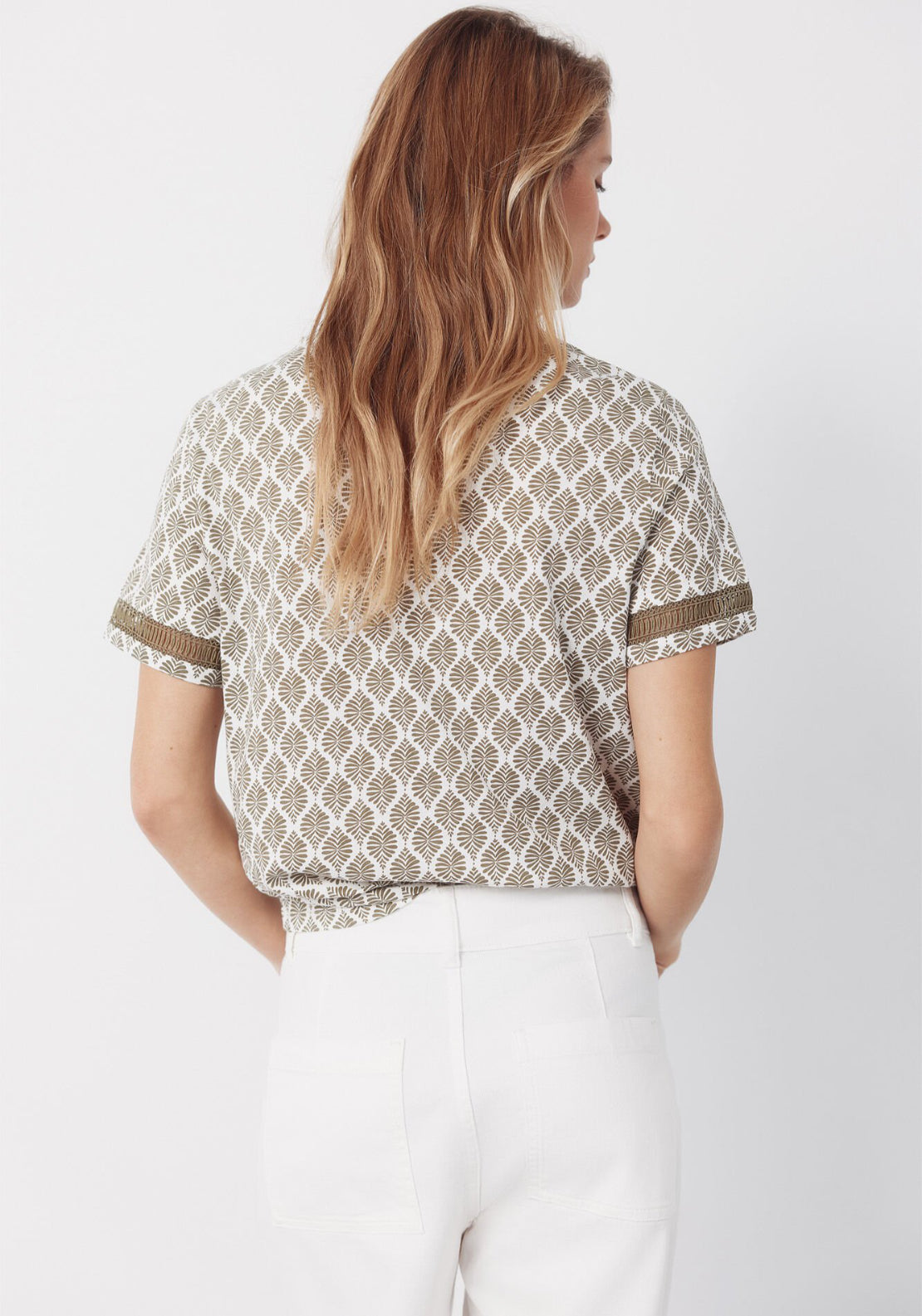 Cortefiel Hemstitch Detail Cotton T-Shirt - Green 2 Shaws Department Stores