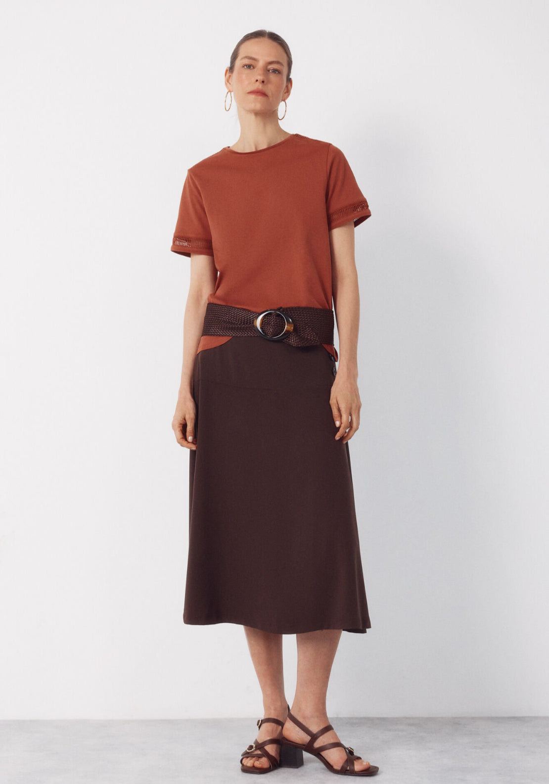 Cortefiel Hemstitch Detail Cotton T-Shirt - Brown 5 Shaws Department Stores