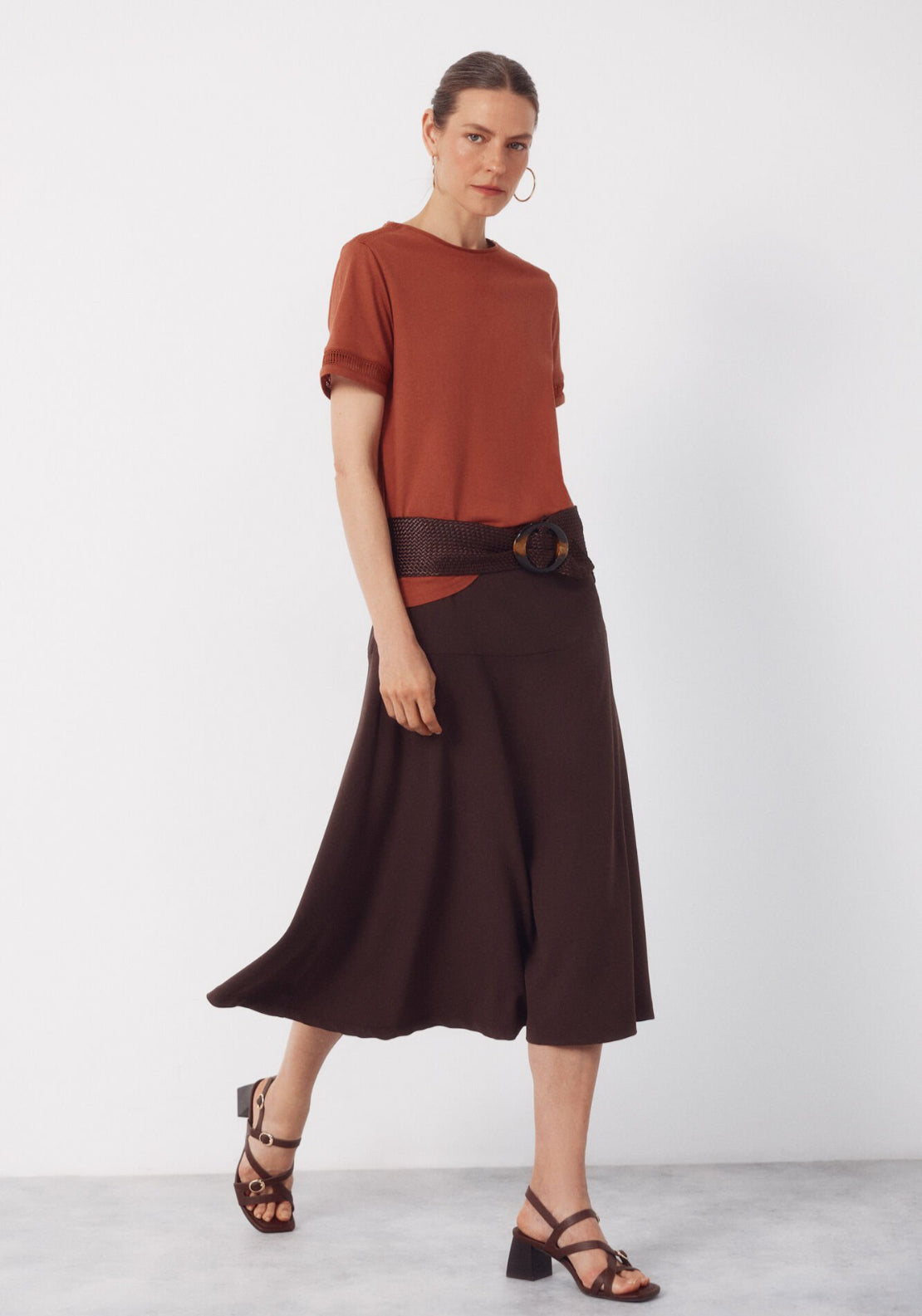 Cortefiel Hemstitch Detail Cotton T-Shirt - Brown 4 Shaws Department Stores
