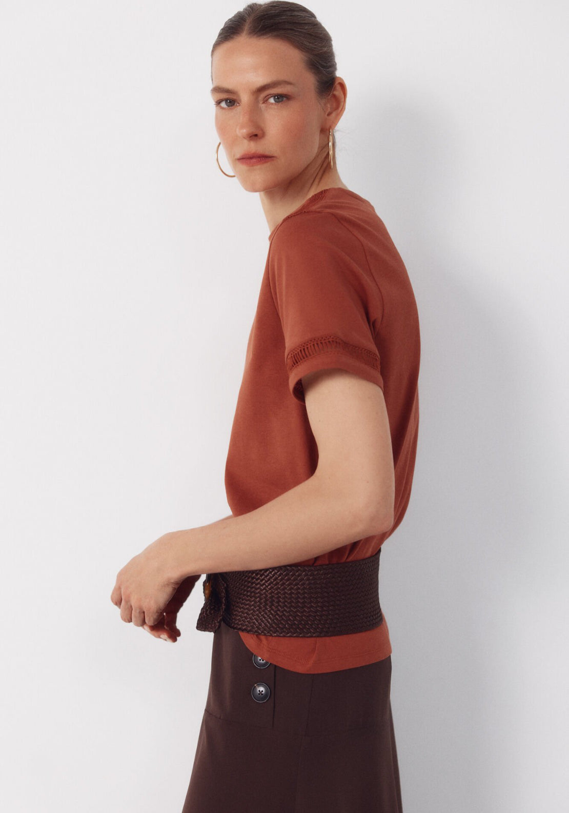 Cortefiel Hemstitch Detail Cotton T-Shirt - Brown 3 Shaws Department Stores