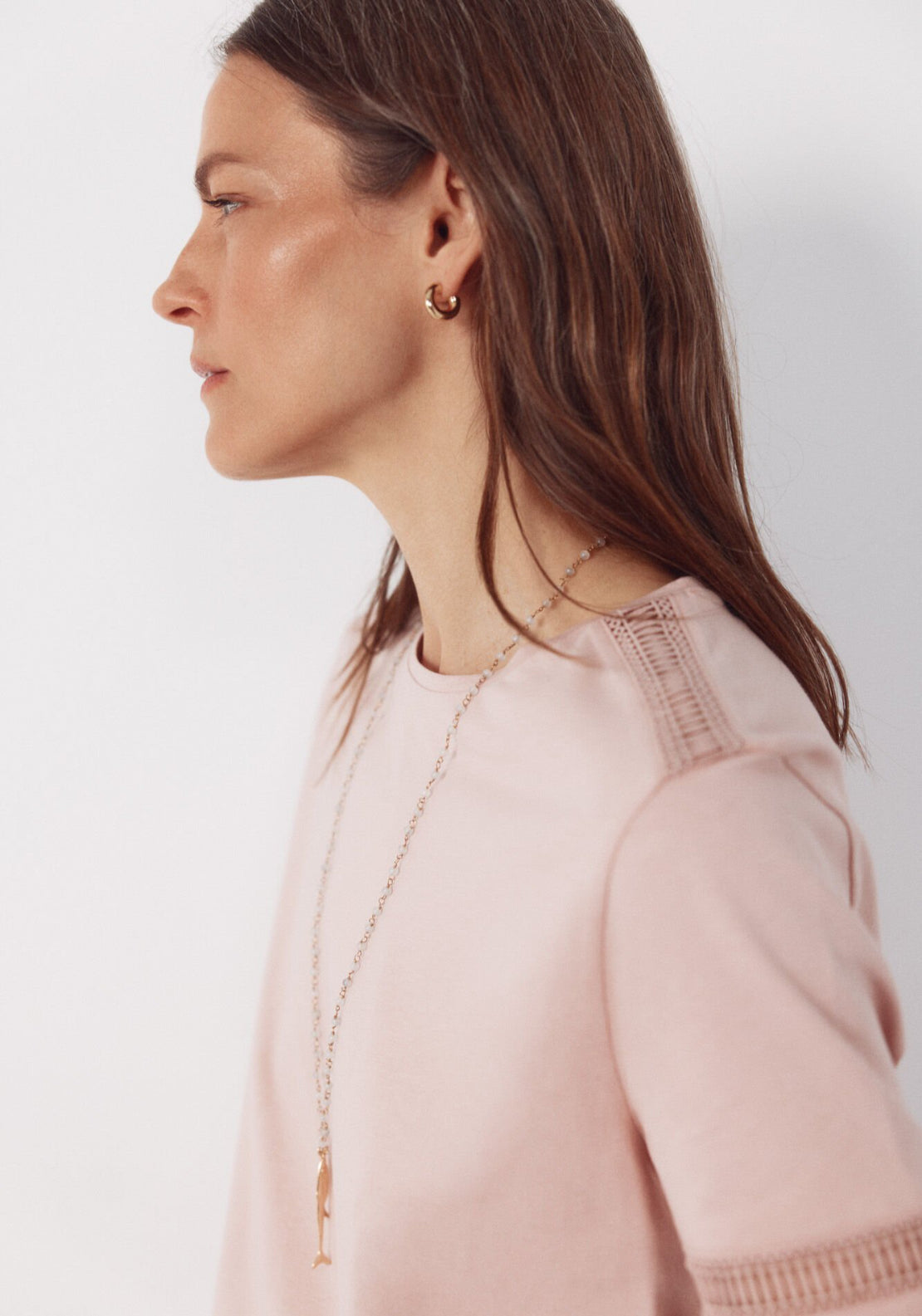 Cortefiel Hemstitch Detail Cotton T-Shirt - Pink 3 Shaws Department Stores