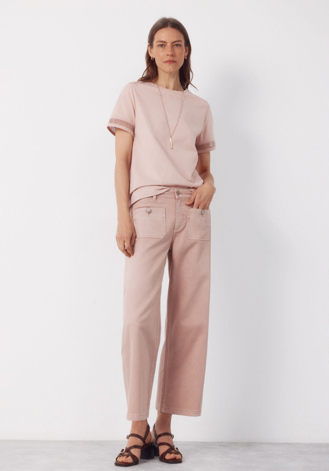 Cortefiel Hemstitch Detail Cotton T-Shirt - Pink 5 Shaws Department Stores