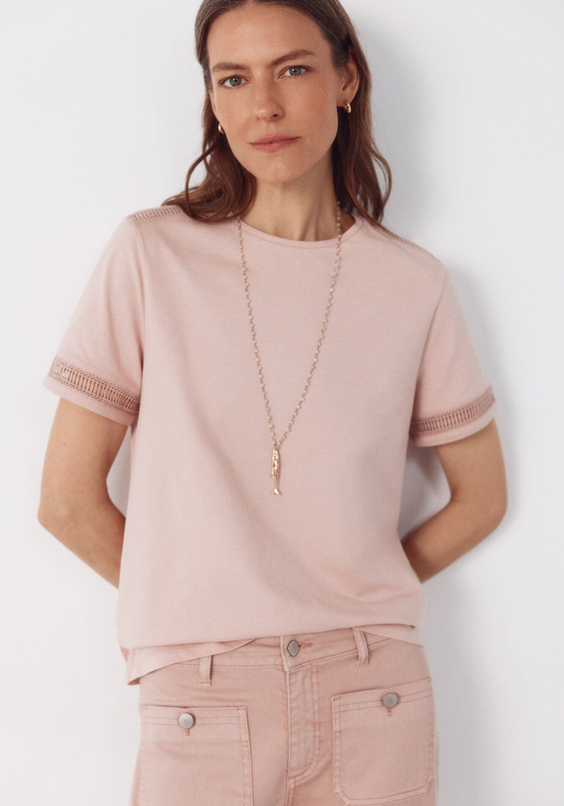 Cortefiel Hemstitch Detail Cotton T-Shirt - Pink 1 Shaws Department Stores