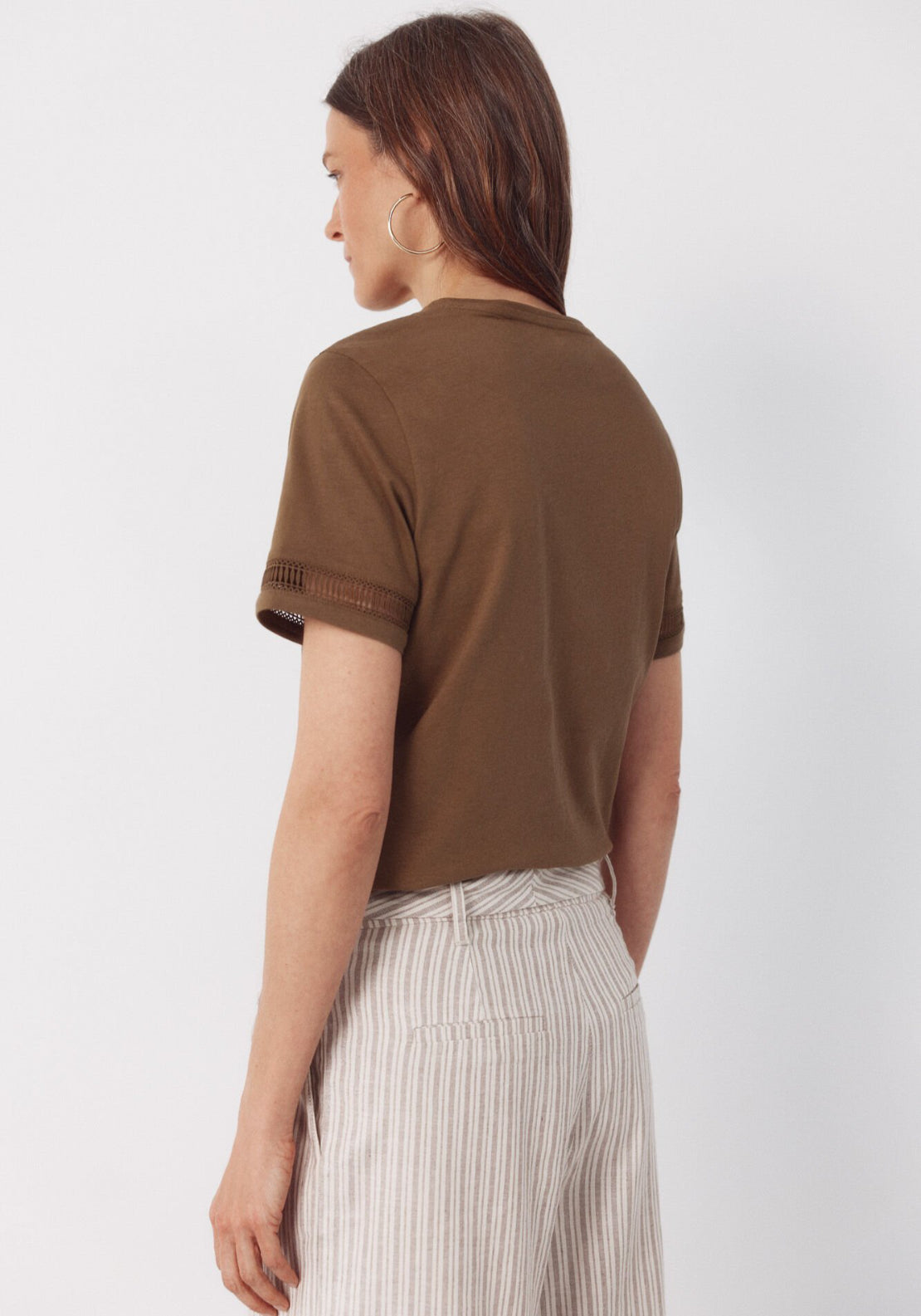 Cortefiel Hemstitch Detail Cotton T-Shirt - Beige 2 Shaws Department Stores
