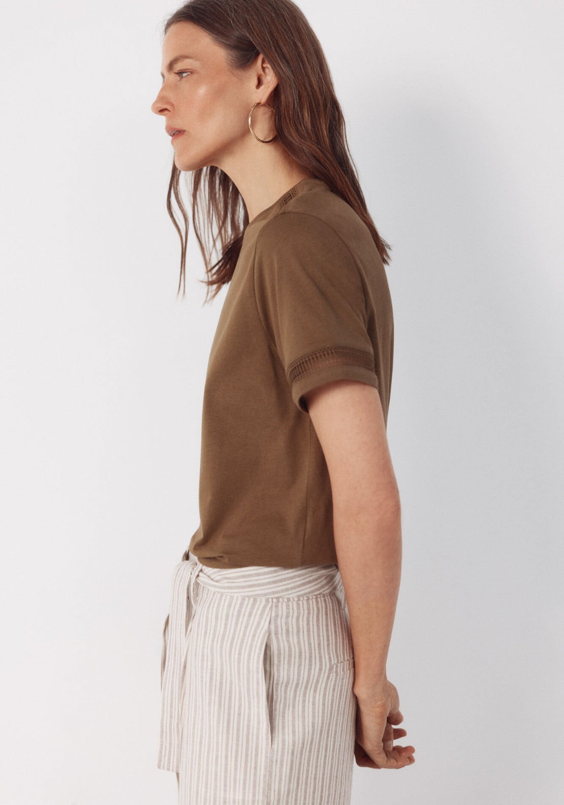 Cortefiel Hemstitch Detail Cotton T-Shirt - Beige 3 Shaws Department Stores