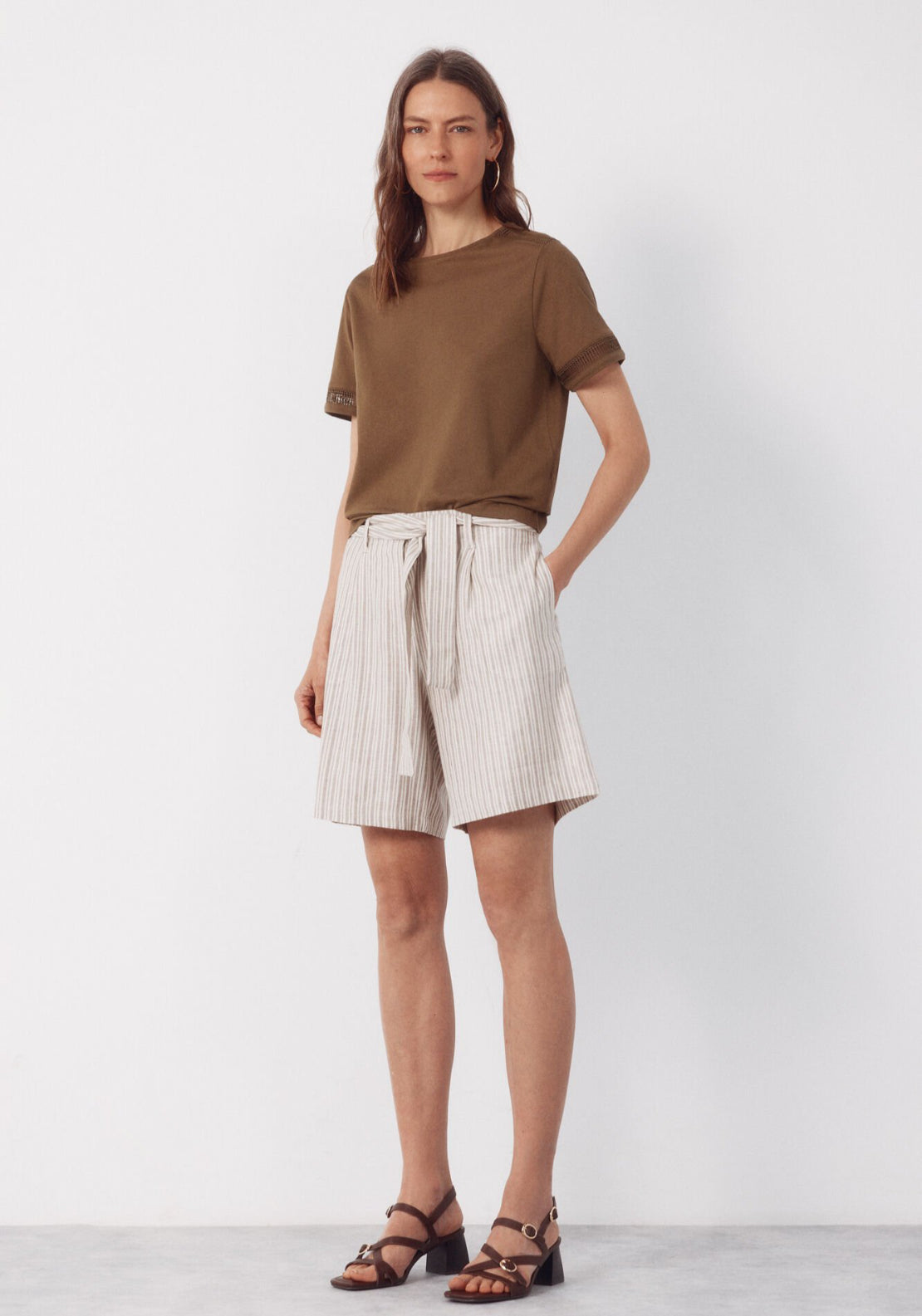 Cortefiel Hemstitch Detail Cotton T-Shirt - Beige 1 Shaws Department Stores