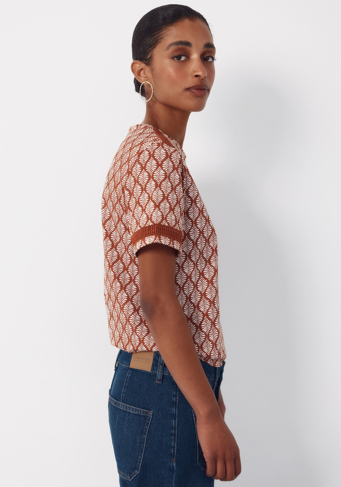 Hemstitch Detail Cotton T-Shirt - White Print
