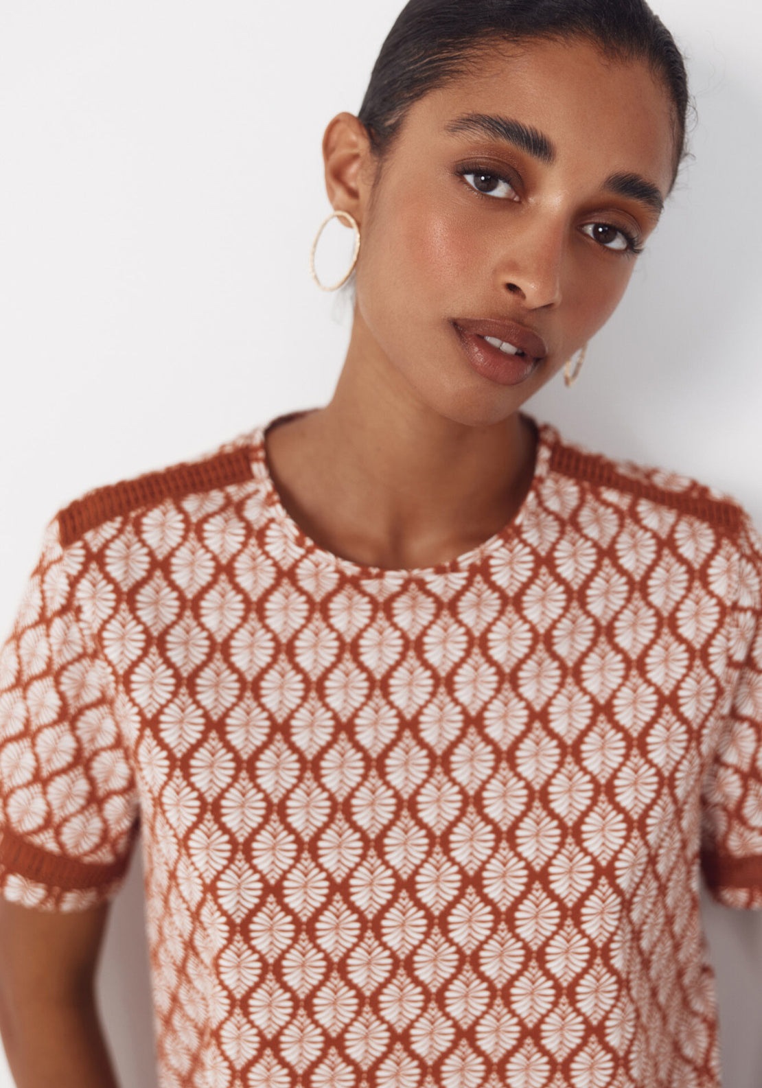 Hemstitch Detail Cotton T-Shirt - White Print