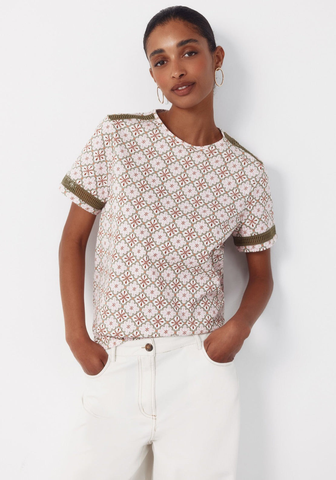 Cortefiel Hemstitch Detail Cotton T-Shirt - Multicolour 1 Shaws Department Stores