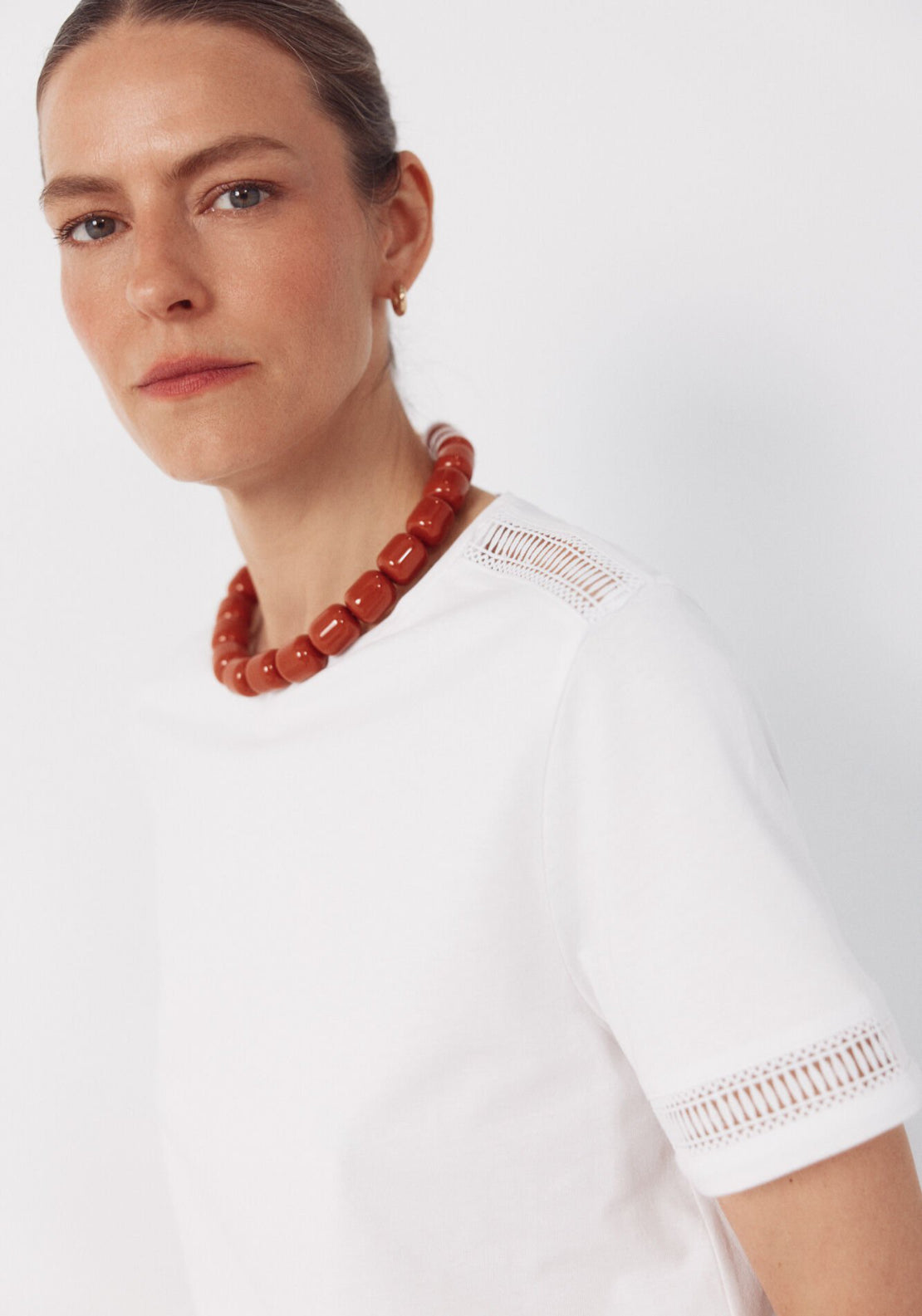 Cortefiel Hemstitch Detail Cotton T-Shirt - White 4 Shaws Department Stores