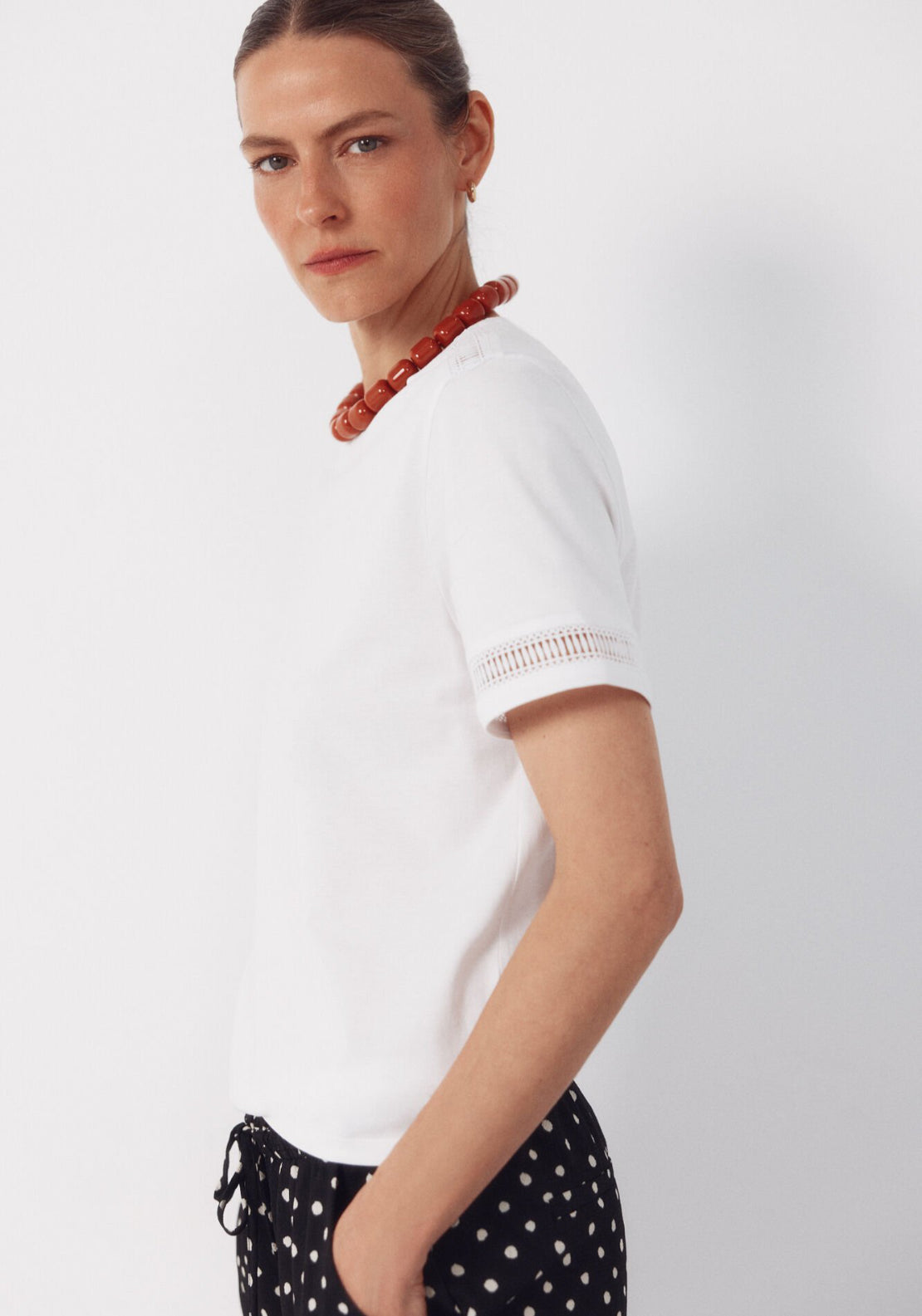 Cortefiel Hemstitch Detail Cotton T-Shirt - White 3 Shaws Department Stores