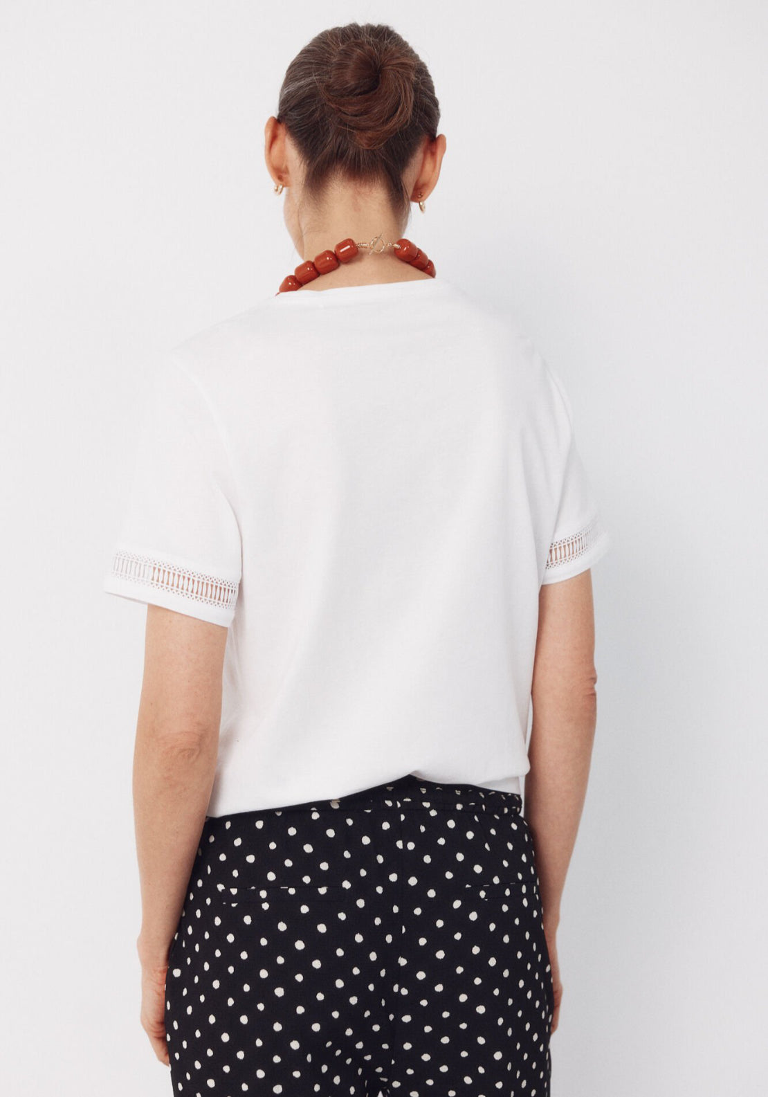 Cortefiel Hemstitch Detail Cotton T-Shirt - White 2 Shaws Department Stores