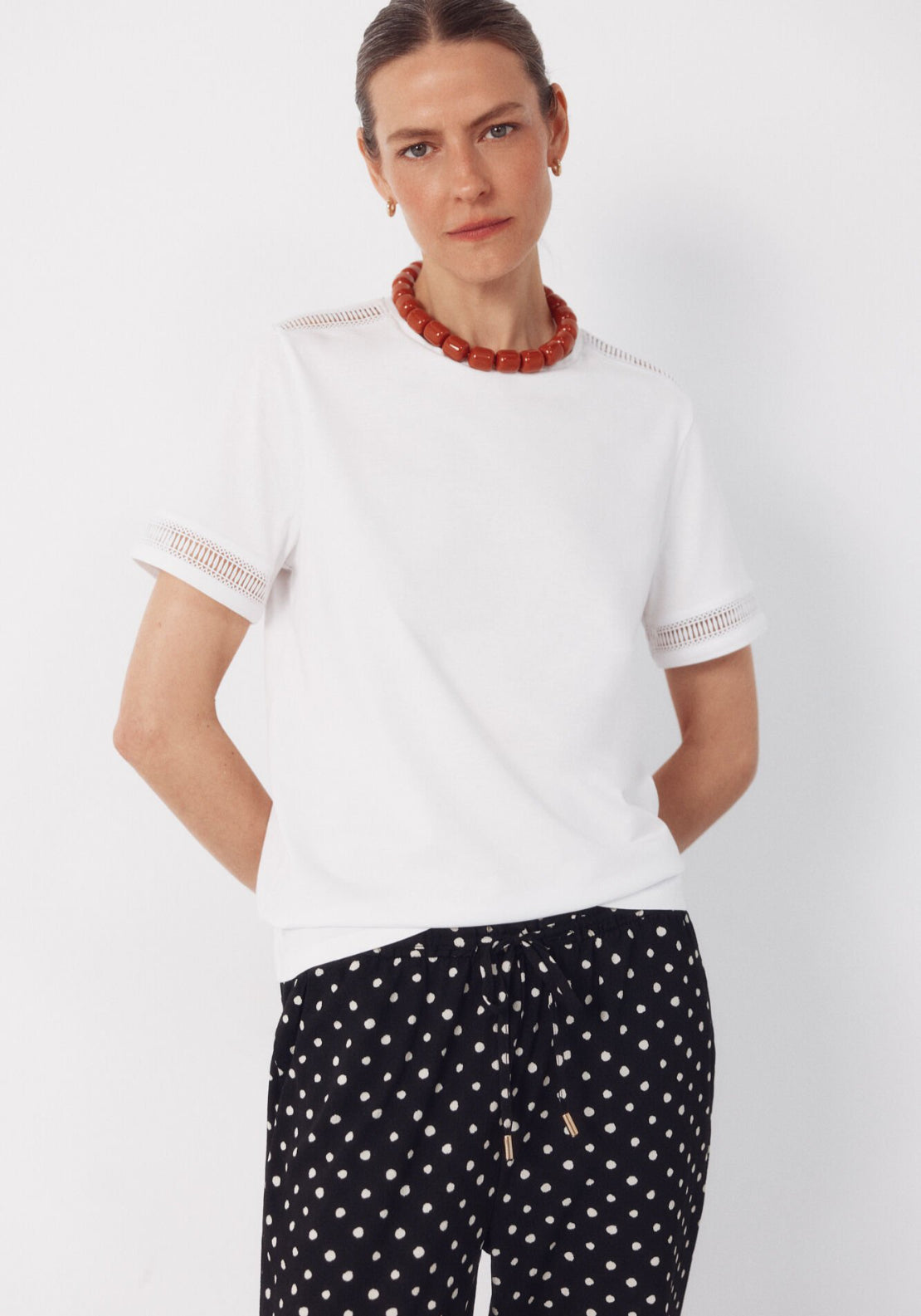 Cortefiel Hemstitch Detail Cotton T-Shirt - White 1 Shaws Department Stores