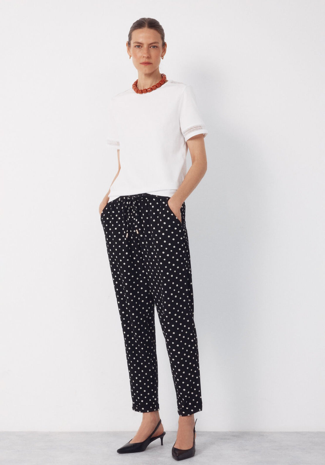 Cortefiel Hemstitch Detail Cotton T-Shirt - White 5 Shaws Department Stores