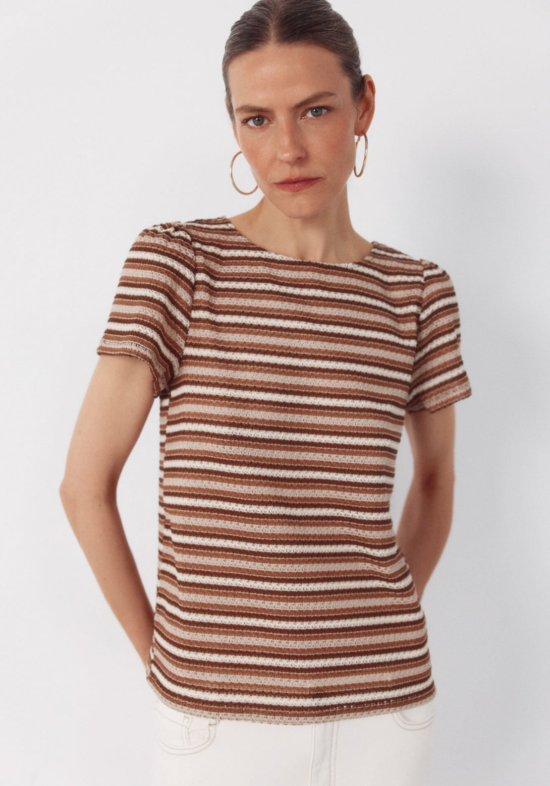 Cortefiel Striped Structured Top - White 1 Shaws Department Stores