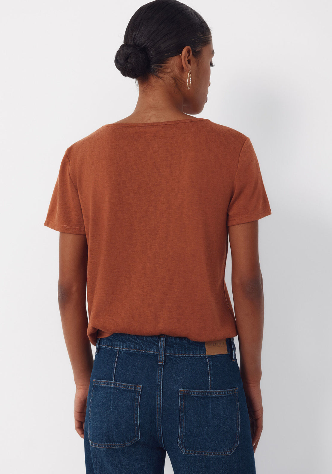 V Neck T Shirt With Trim - Medium Brown
