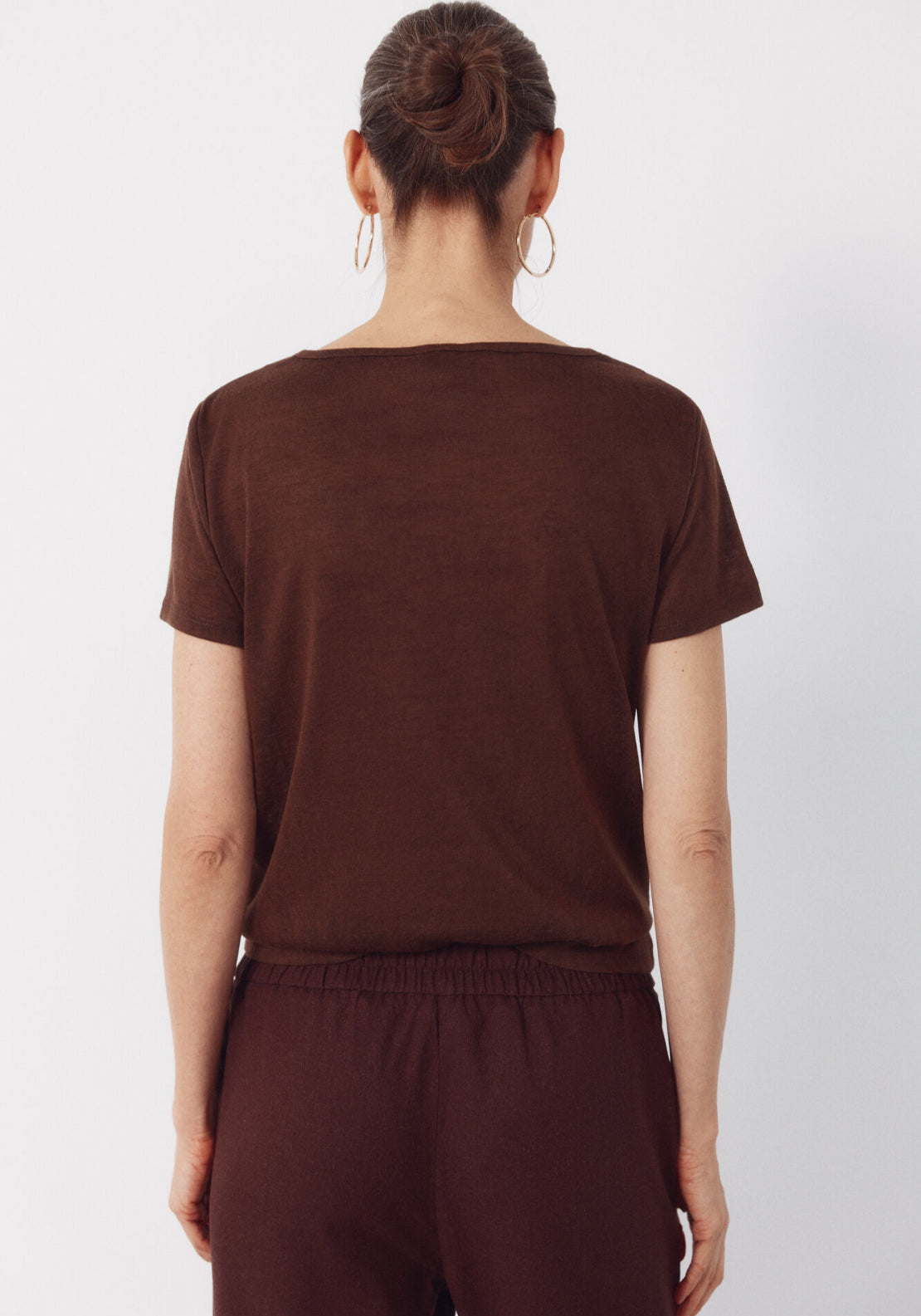 V Neck T Shirt With Trim - Light Brown