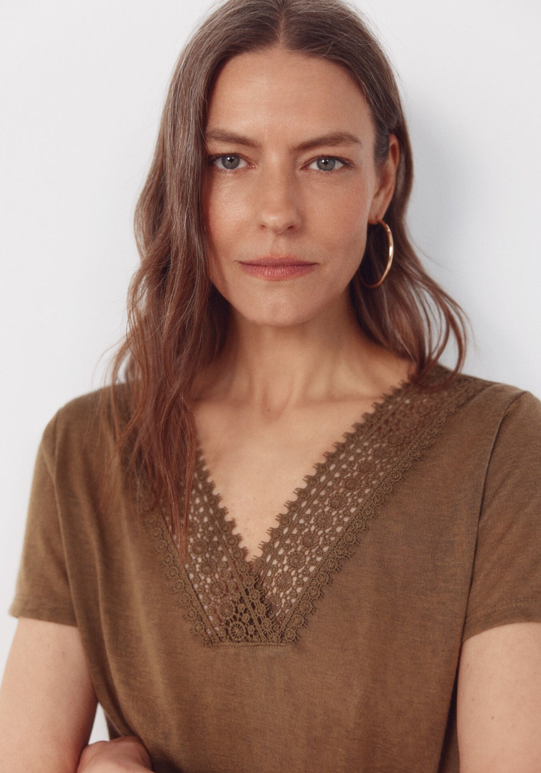 V Neck T Shirt With Trim - Light Khaki