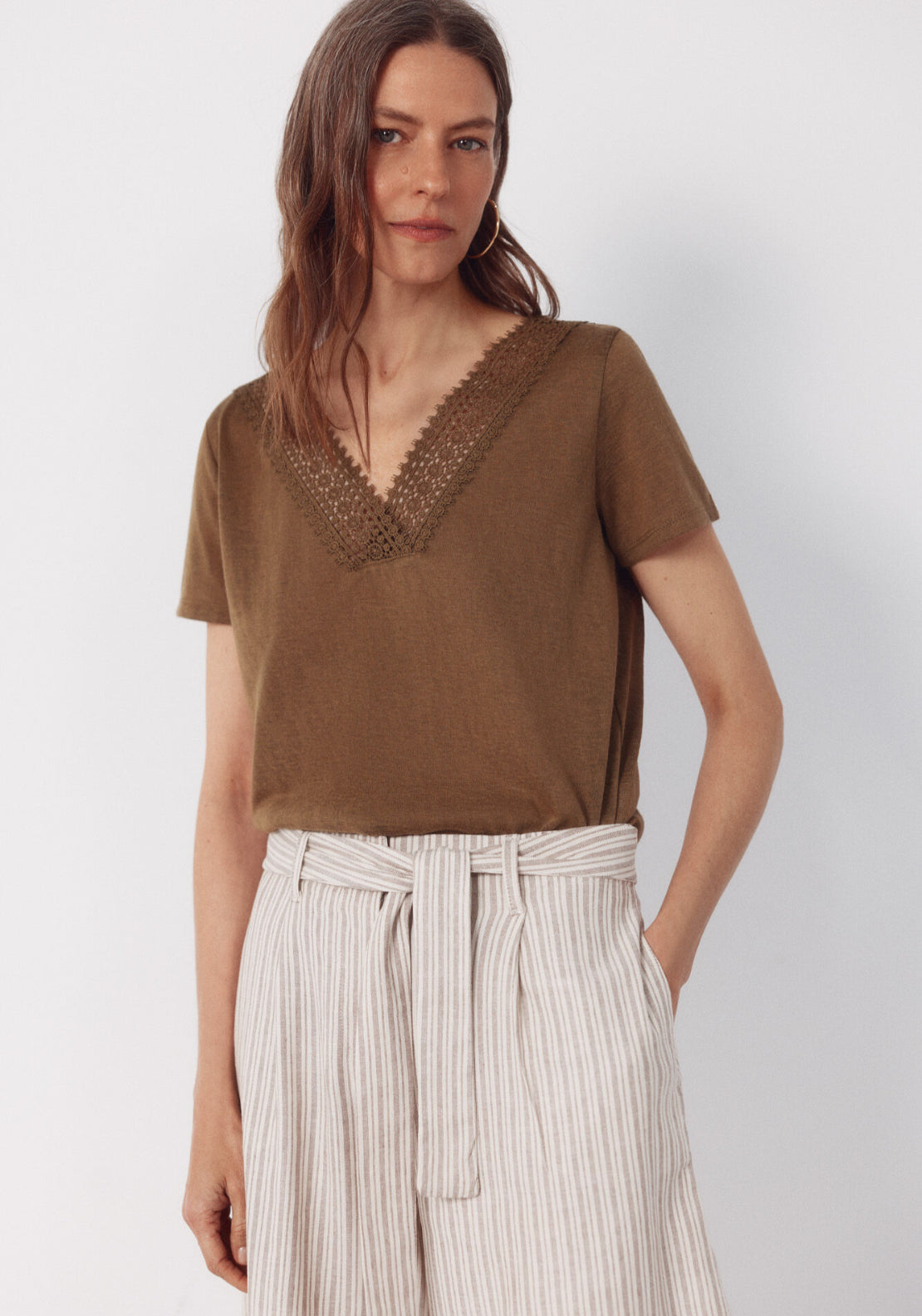 V Neck T Shirt With Trim - Light Khaki