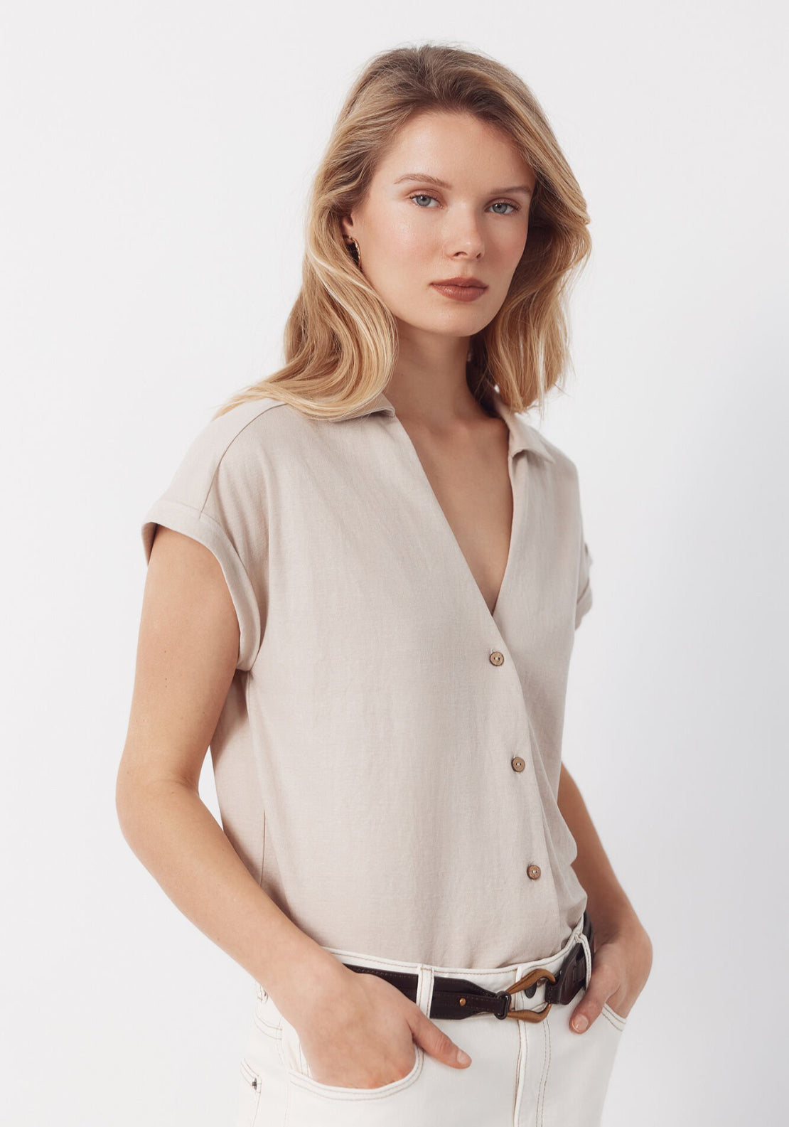 Cortefiel Piqué Polo Blouse - Beige 3 Shaws Department Stores