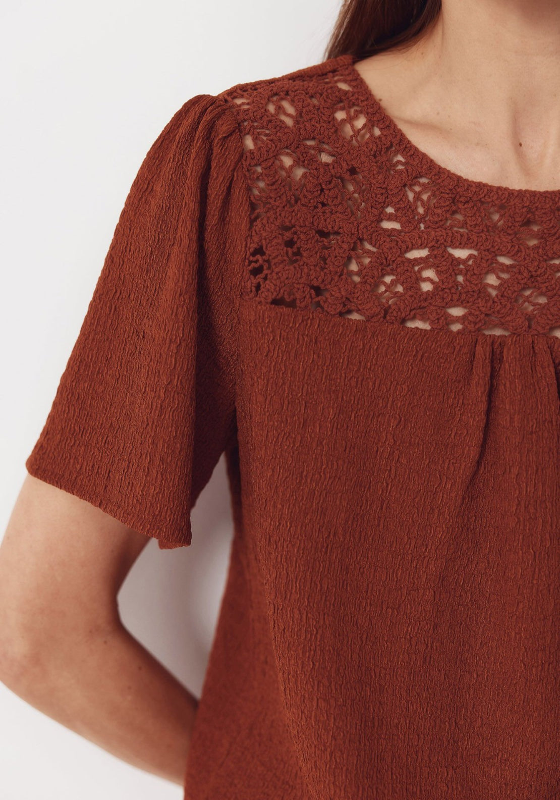 Cortefiel Combined Guipure Top - Brown 3 Shaws Department Stores