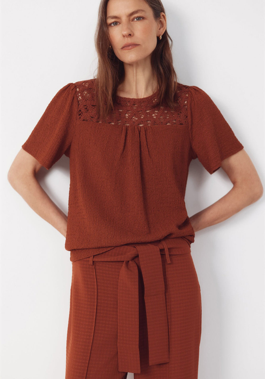 Cortefiel Combined Guipure Top - Brown 1 Shaws Department Stores