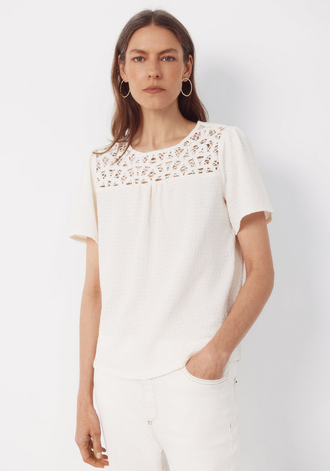 Cortefiel Combined Guipure Top - Cream 1 Shaws Department Stores