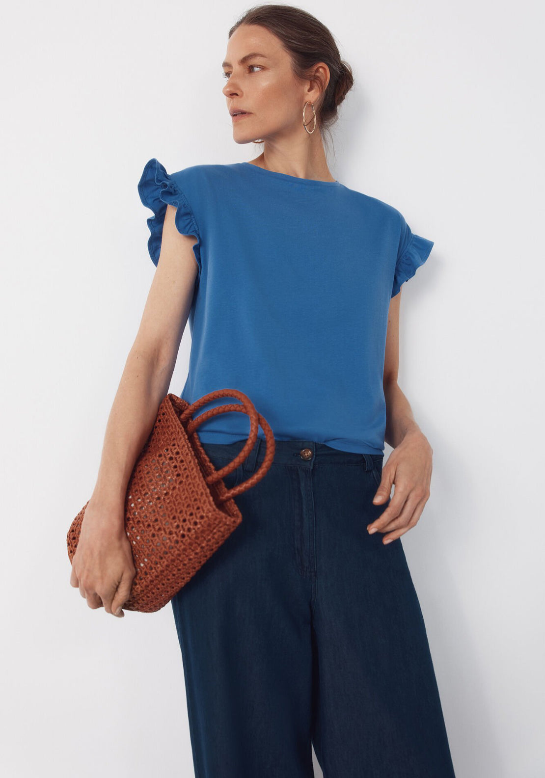 Cortefiel Essential Ruffle Cotton T-Shirt - Blue 4 Shaws Department Stores