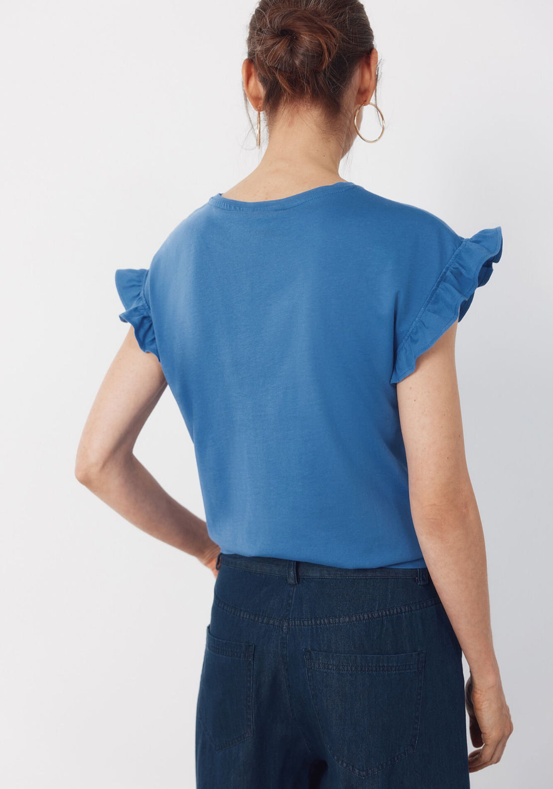 Cortefiel Essential Ruffle Cotton T-Shirt - Blue 2 Shaws Department Stores