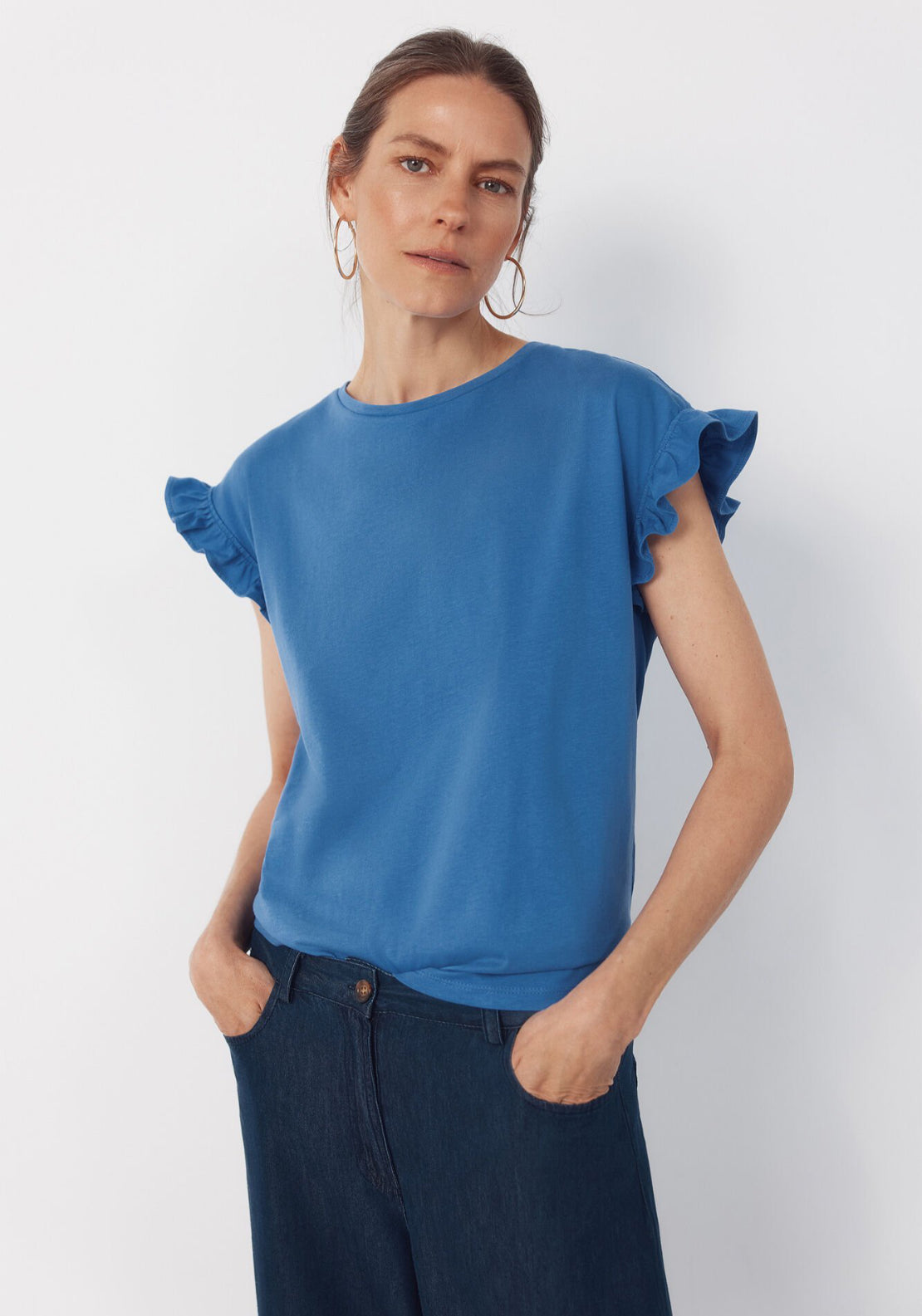 Cortefiel Essential Ruffle Cotton T-Shirt - Blue 1 Shaws Department Stores