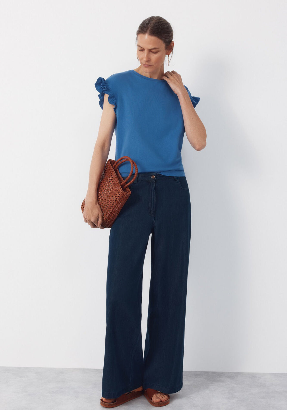 Cortefiel Essential Ruffle Cotton T-Shirt - Blue 5 Shaws Department Stores
