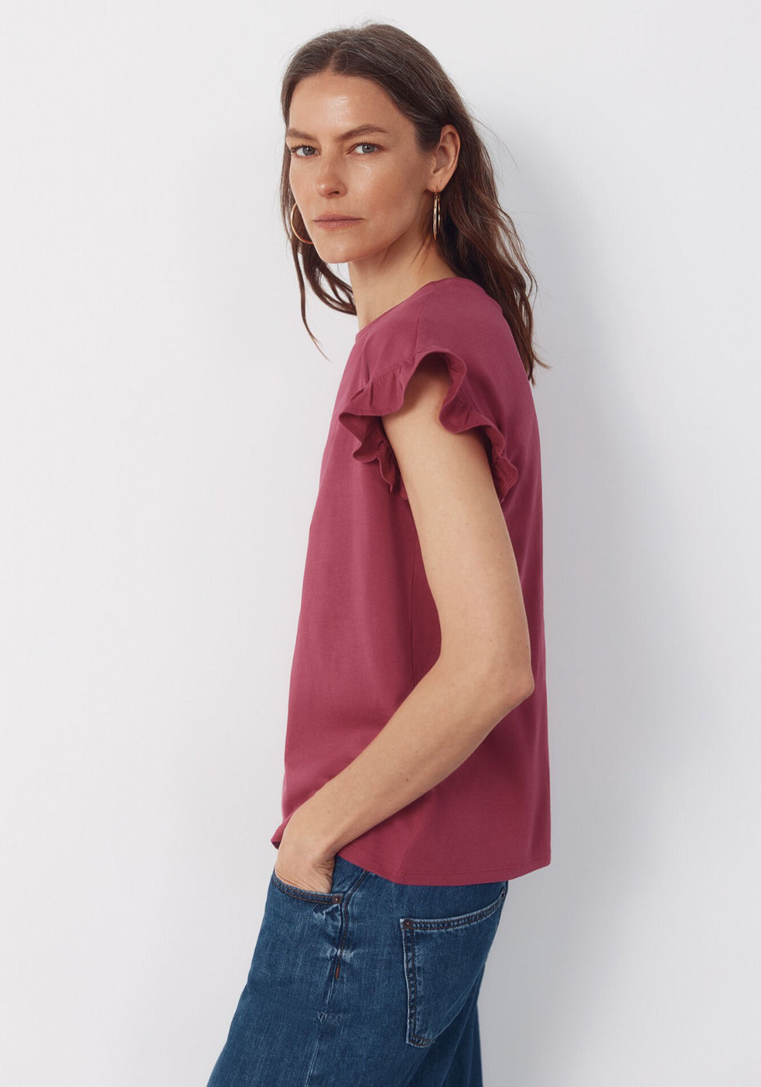 Cortefiel Essential Ruffle Cotton T-Shirt - Pink 3 Shaws Department Stores