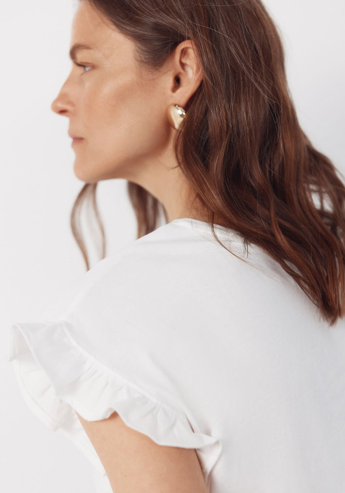Cortefiel Essential Ruffle Cotton T-Shirt - White 4 Shaws Department Stores