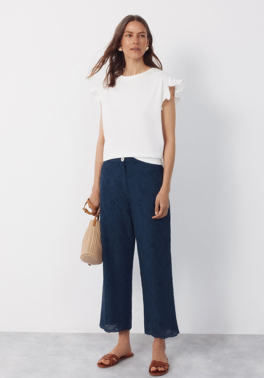 Cortefiel Essential Ruffle Cotton T-Shirt - White 5 Shaws Department Stores