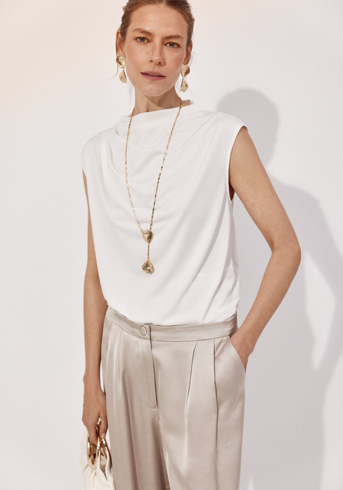 Cortefiel Pleated Sleeve Top - Cream 1 Shaws Department Stores