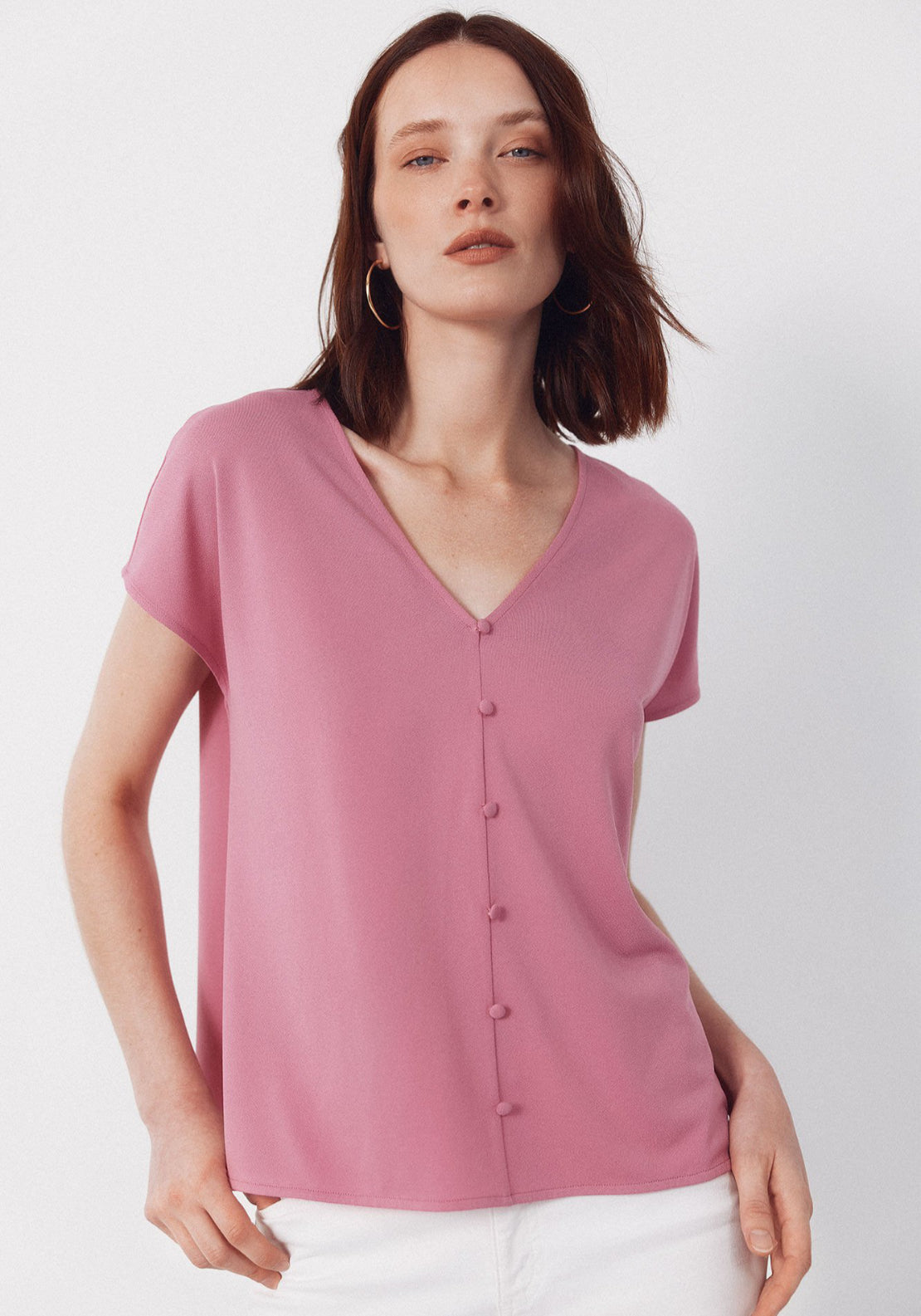 Cortefiel V- Buttons Neckline V - Pink 1 Shaws Department Stores