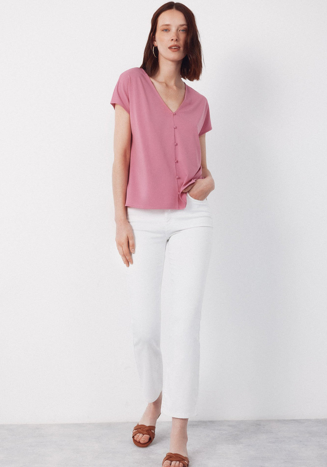 Cortefiel V- Buttons Neckline V - Pink 4 Shaws Department Stores