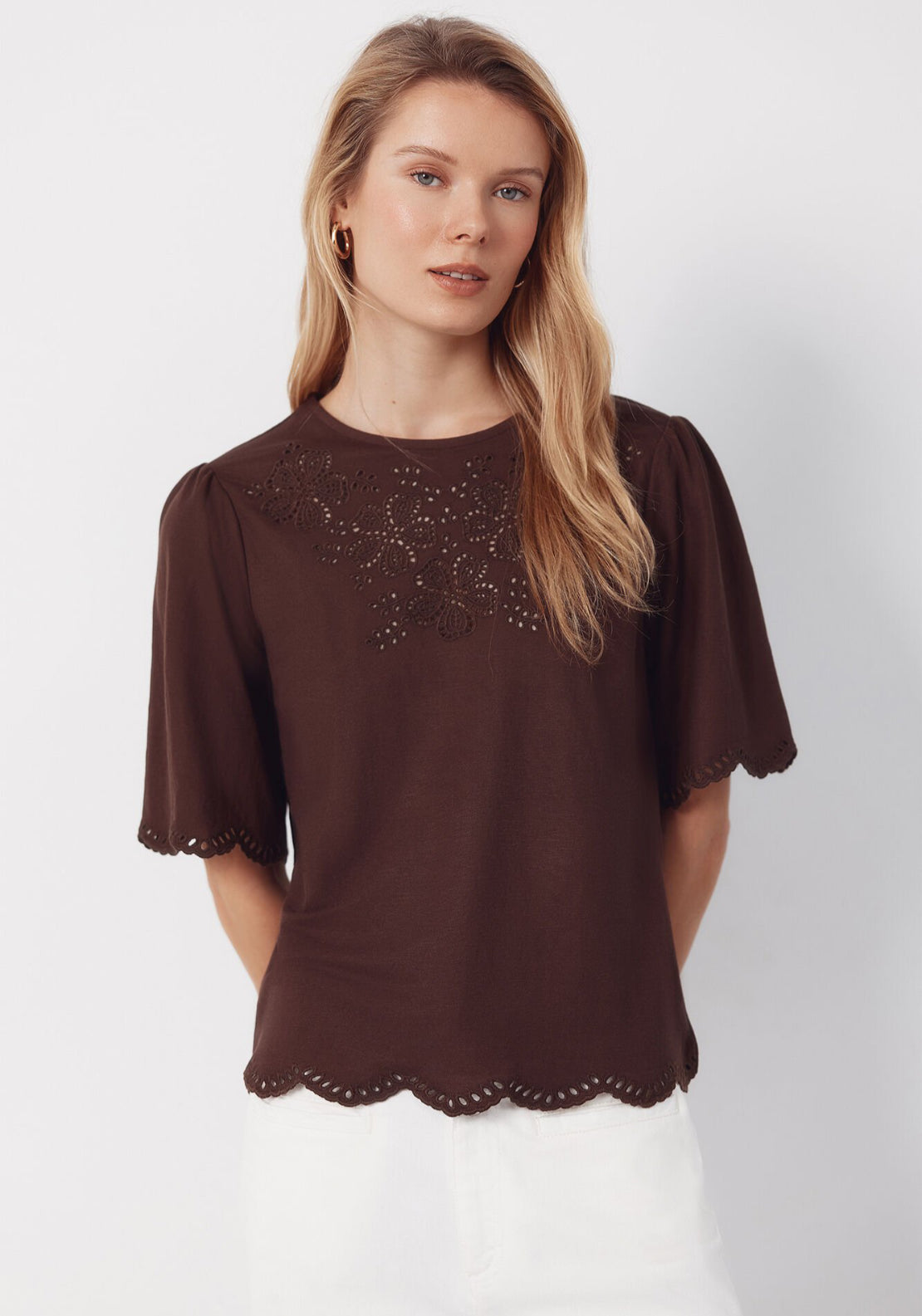 Cortefiel Embroidered T-Shirt - Brown 1 Shaws Department Stores