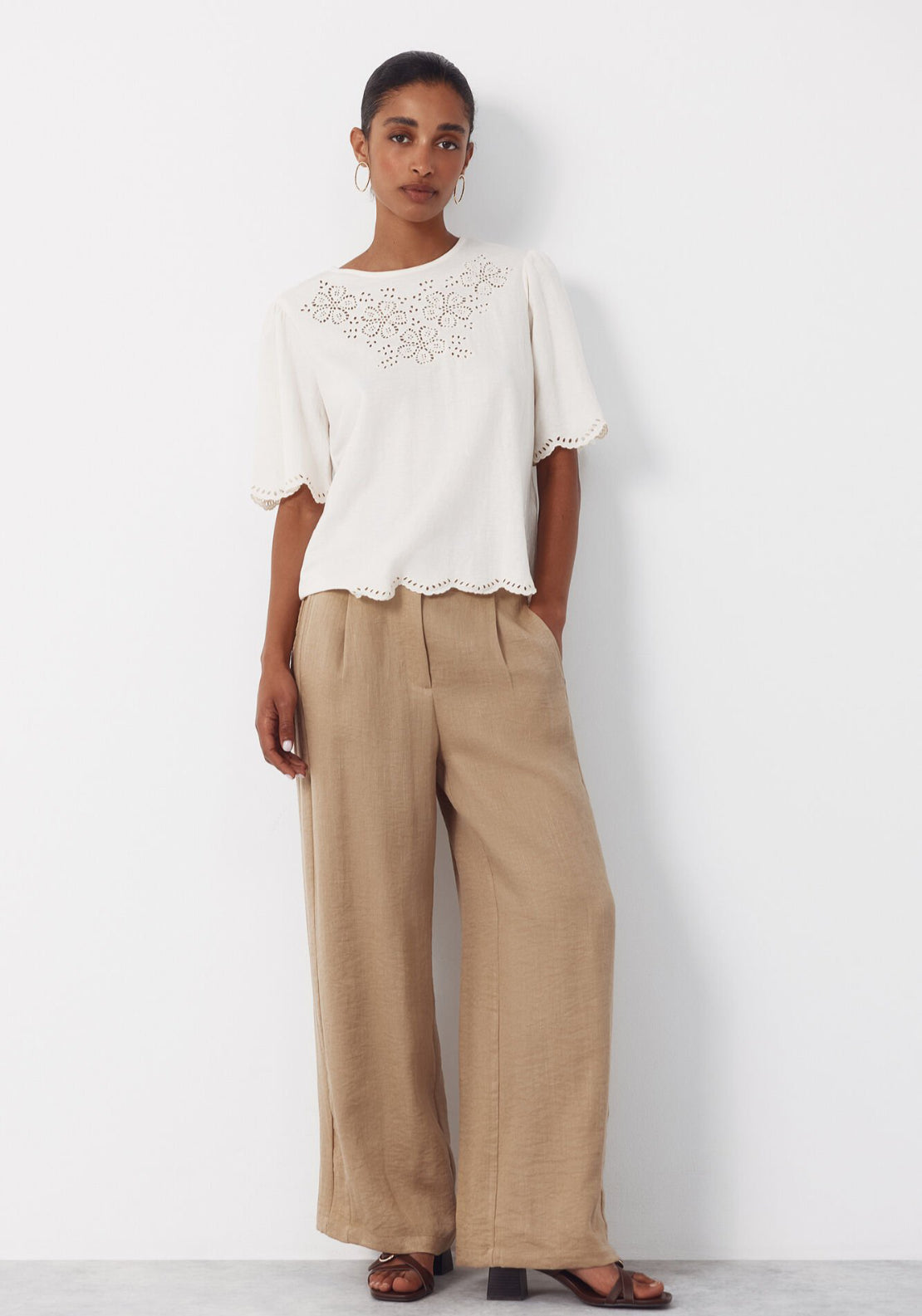 Cortefiel Embroidered T-Shirt - Cream 5 Shaws Department Stores